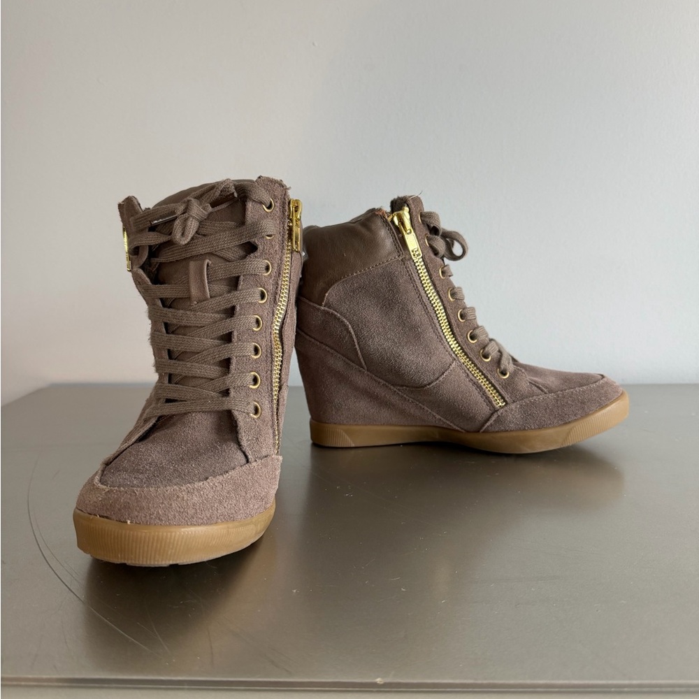 Steve Madden Brown Wedge Sneakers with Gold Accents